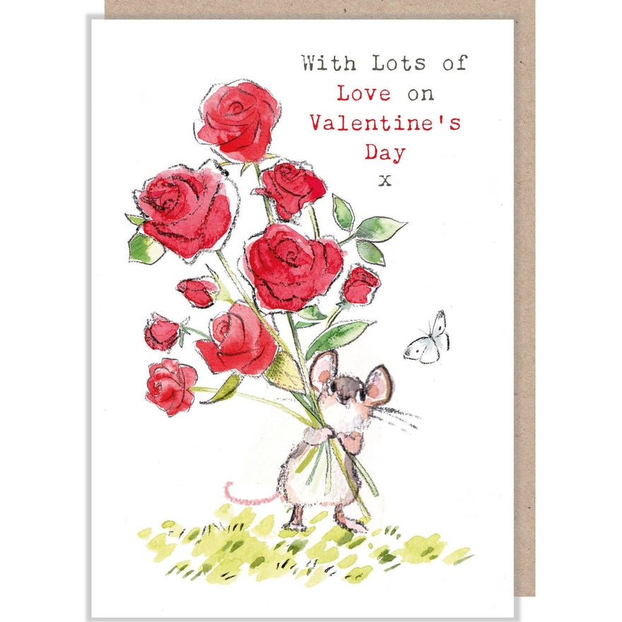 Kaart Valentine | Mouse With Red Flowers